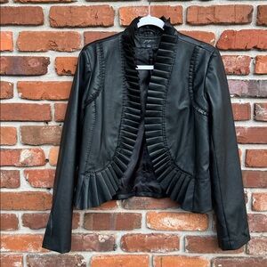 Josephine Black Ruffle Embroidered Open Front  Lined Vegan Faux Leather Jacket S